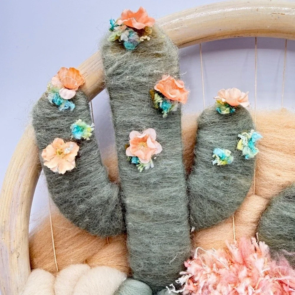Handmade Woven Cactus‎ Wall Art Fiber Decor Sage Green Peach Desert Hoop Hanging